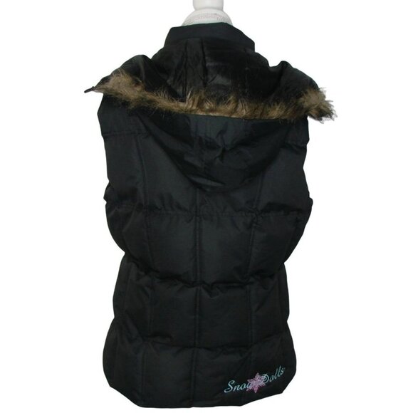 Snow Dolls Full Zip Hooded Puffy Puffer Vest Warm Black Logo Faux Fur Hood Sz L - Picture 3 of 14